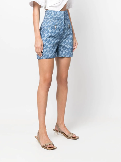 Shop Fendi Monogram-print Denim Shorts In Blue