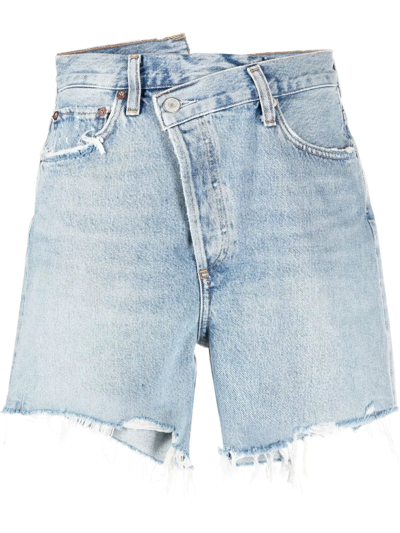Shop Agolde Criss Cross Asymmetric Denim Shorts In Blue