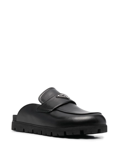 Shop Prada Triangle-logo Leather Slippers In Black