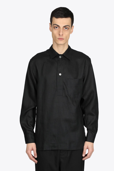 Shop Aglini Nero Black Linen Polo-shirt With Long Sleeves