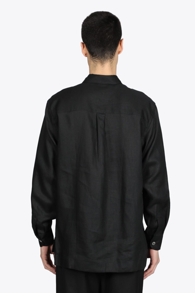 Shop Aglini Nero Black Linen Polo-shirt With Long Sleeves