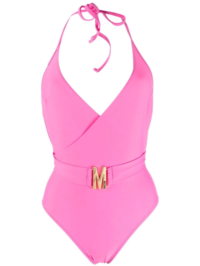 Shop Moschino Logo-plaque Halterneck One-piece In Pink