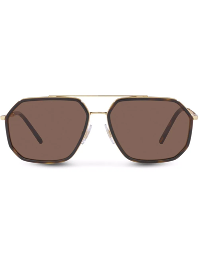 Shop Dolce & Gabbana Double-bridge Pilot-frame Sunglasses In Brown