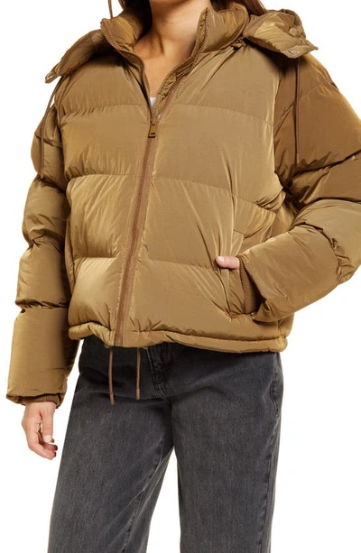 Shop Good American Iridescent Puffer Jacket With Removable Hood In Sepia001