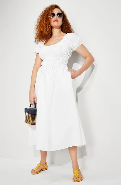 Shop Kate Spade Puff Sleeve Seersucker Dress In Fresh White
