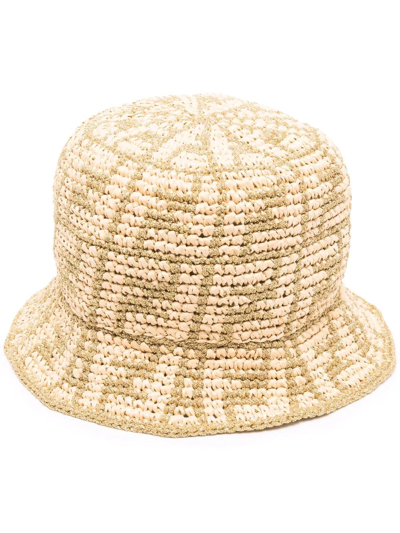 Shop Fendi Woven Ff-logo Bucket Hat In Gold