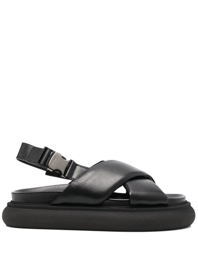 Shop Moncler Cross-strap Leather Sandals In Schwarz