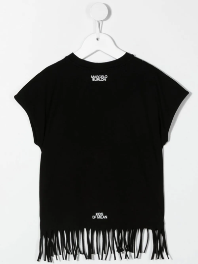 Marcelo Burlon County Of Milan Feather Printed Fringed Cotton T-shirt In Black