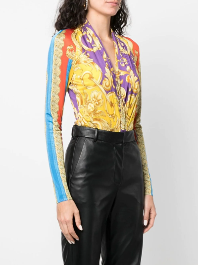 Shop Versace Barocco-print Jersey Bodysuit In Yellow