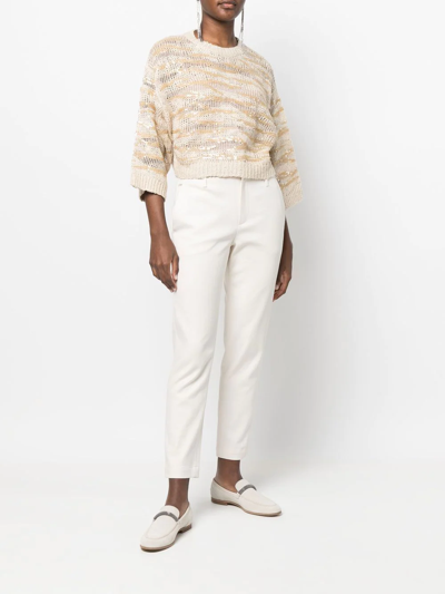 Shop Brunello Cucinelli Sequin-embellished Knitted Cropped Jumper In Nude