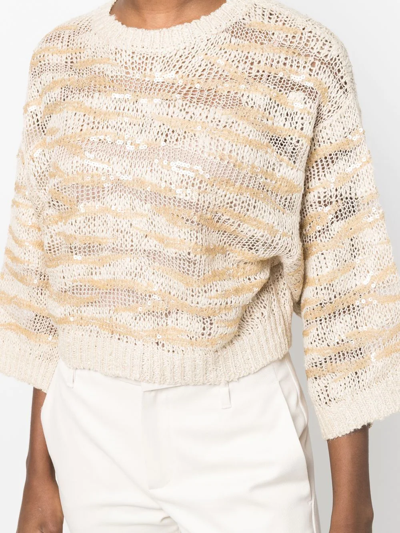Shop Brunello Cucinelli Sequin-embellished Knitted Cropped Jumper In Nude