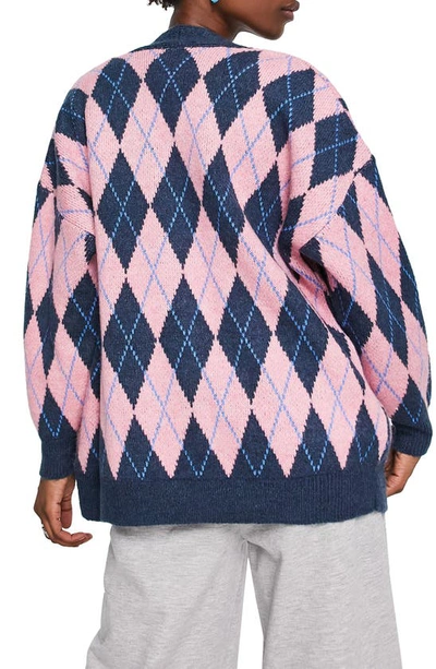 Shop Topshop Knit Argyle Cardigan In Mid Blue