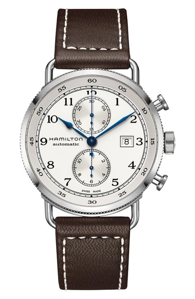 Shop Hamilton Khaki Navy Automatic Chronograph Leather Strap Watch, 44mm In Brown/ Silver