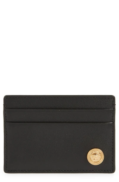 Shop Versace First Line Biggie Medusa Coin Leather Card Case In Black/ Gold