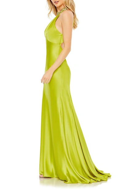 Shop Mac Duggal Beaded Halter Neck Satin Trumpet Gown In Lime