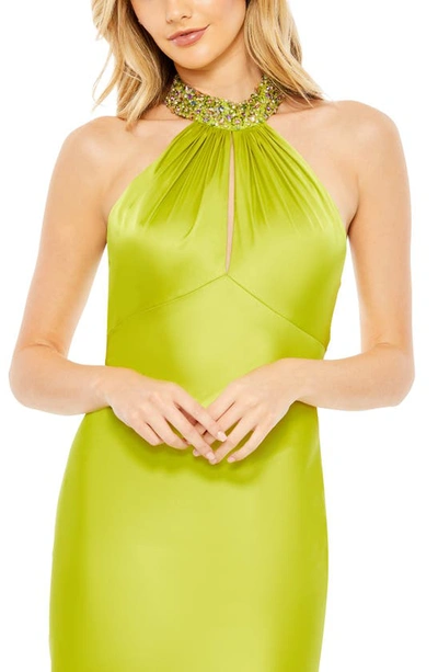 Shop Mac Duggal Beaded Halter Neck Satin Trumpet Gown In Lime