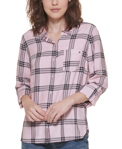 Shop Tommy Hilfiger Plaid Utility Shirt, Created For Macy's In Ballerina Pink Multi