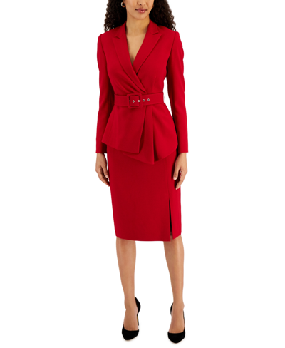 Tahari Asl Nested Belted Jacket And Skirt In Red