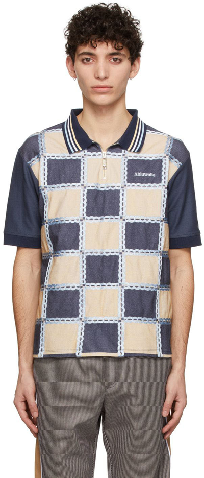Ahluwalia Men's Checkerboard Graphic-print Polo Shirt In Bge/blu/nvy