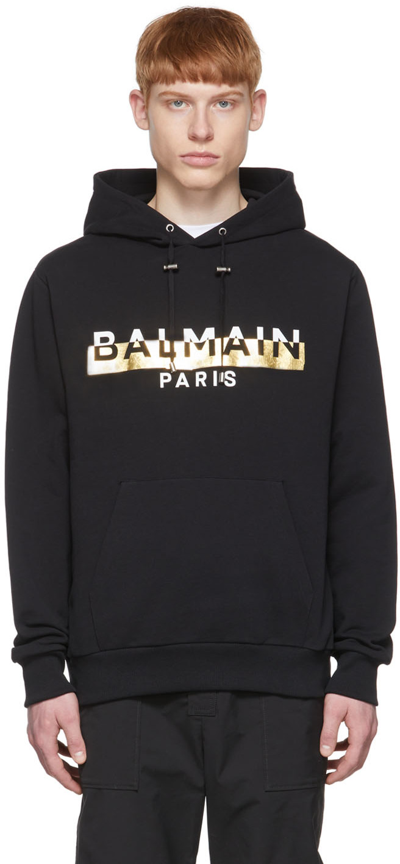 Shop Balmain Black Cotton Hoodie In Edc Noir/blanc/or