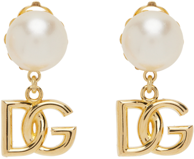 Shop Dolce & Gabbana Gold Pearl Dg Clip-on Earrings In Zoo00 Gold