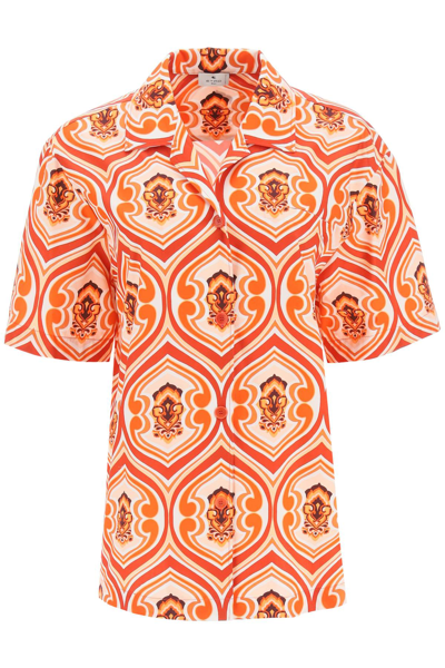 Shop Etro Printed Bowling Shirt In White,orange,red