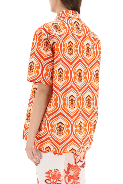 Shop Etro Printed Bowling Shirt In White,orange,red