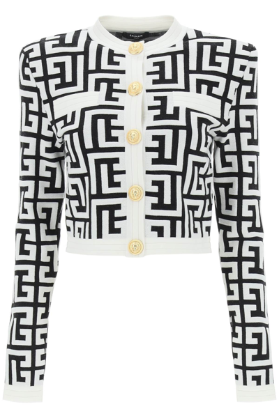 Shop Balmain Monogram Knit Cardigan In White,black