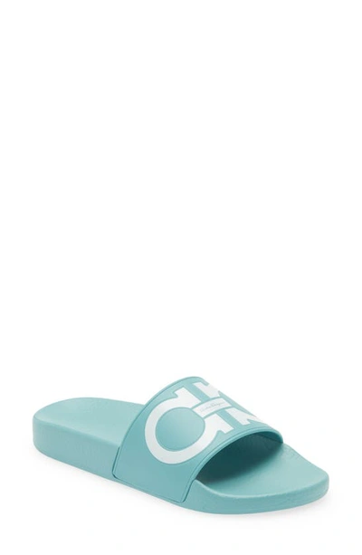 Shop Ferragamo Groovy 6 Sport Slide Sandal In Tyrone Turq/ White