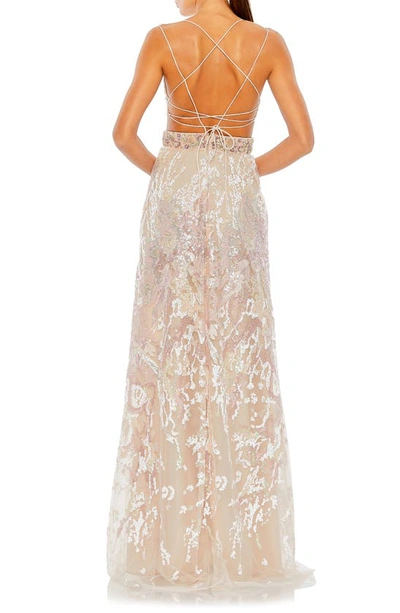 Shop Mac Duggal Sequin Strappy Cutout Tulle Gown In Oyster
