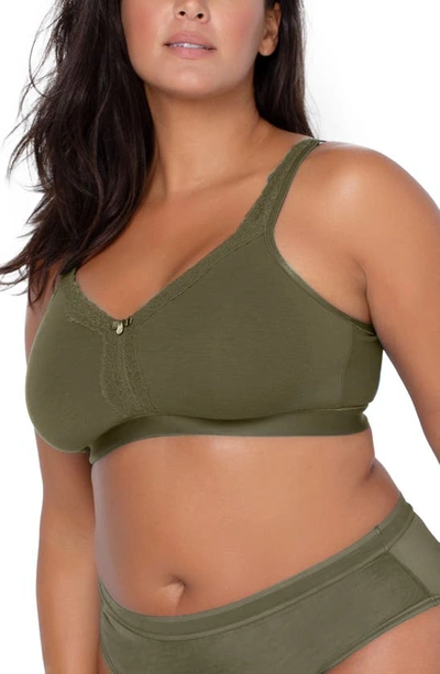 Curvy Couture Lace Trim Wireless Bra In Olive Night