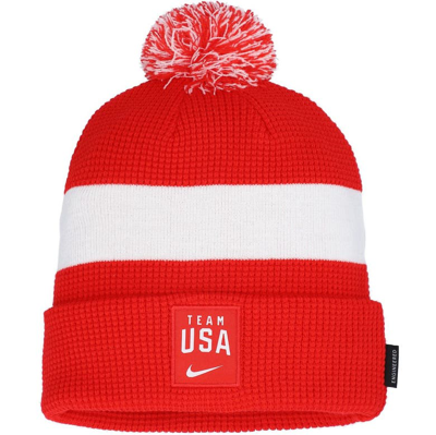 Shop Nike Red Team Usa 2021 Sideline Cuffed Knit Hat With Pom