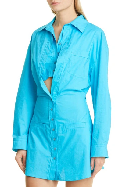 Shop Jacquemus La Robe Baunhilha Long Sleeve Cotton Minidress In Turquoise