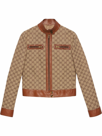 Shop Gucci Gg Supreme Leather-trim Jacket In Brown