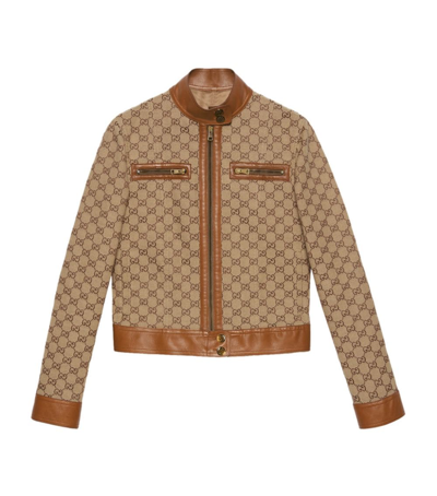 Shop Gucci Gg Supreme Leather-trim Jacket In Brown