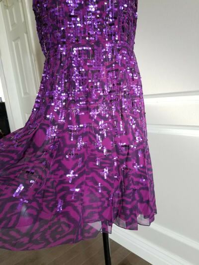Pre-owned Oscar De La Renta $5k New  Sequin Embellished Silk Pleated Dress  Purple 12 L
