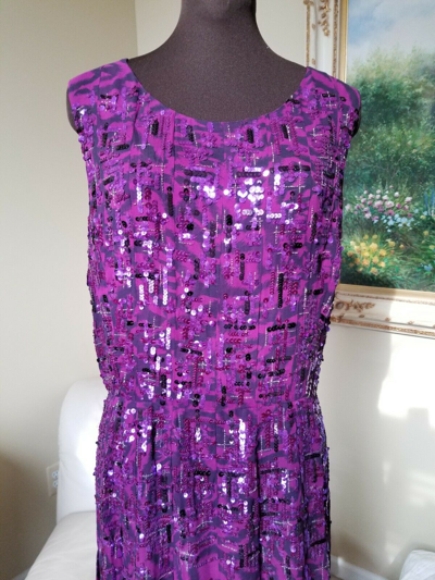 Pre-owned Oscar De La Renta $5k New  Sequin Embellished Silk Pleated Dress  Purple 12 L
