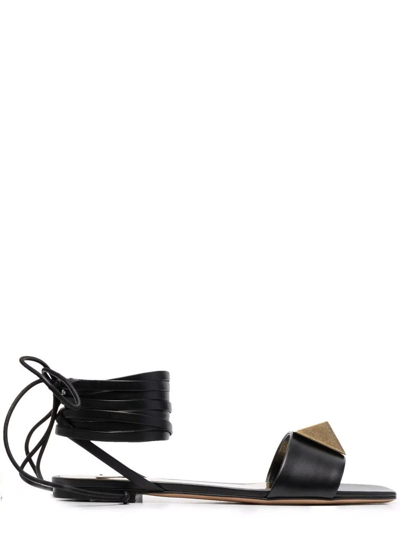 Shop Valentino Black Roman Stud Flat Sandals In Nero