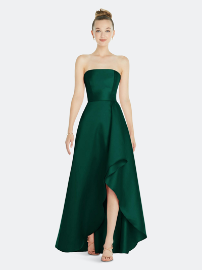 Shop Alfred Sung Strapless Satin Gown With Draped Front Slit And Pockets In Green
