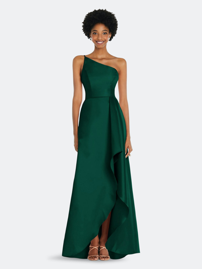Shop Alfred Sung One-shoulder Satin Gown With Draped Front Slit And Pockets In Green