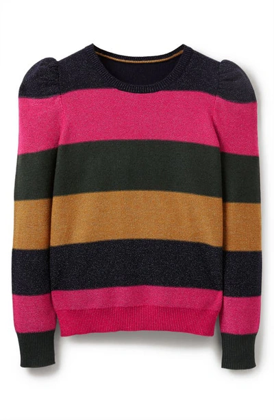 Shop Boden Sparkle Stripe Puff Sleeve Sweater In Pink Black Stripe