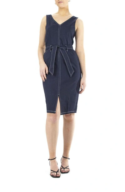 Shop Nina Leonard Millennium Sleevess Belted Dress In Navy Ivory