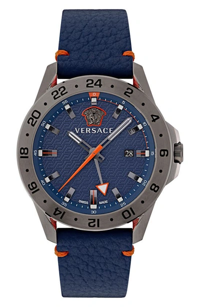 Shop Versace Sport Tech Gmt Leather Strap Watch, 45mm In Ip Gunmetal