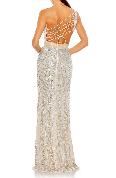 Shop Mac Duggal Sequin Beaded Lace-up Gown In Nude Silver