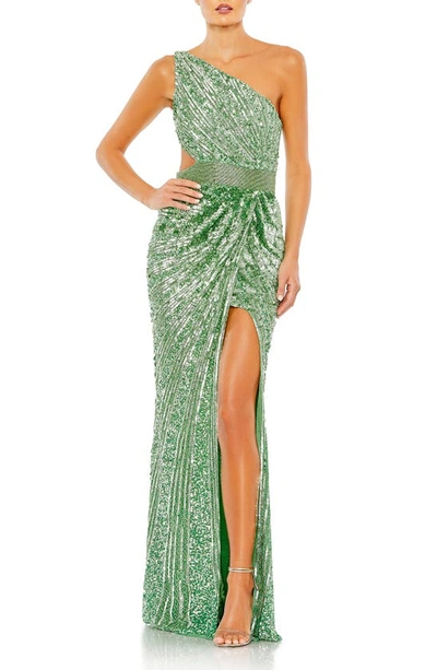 Shop Mac Duggal Sequin Beaded Lace-up Gown In Sage