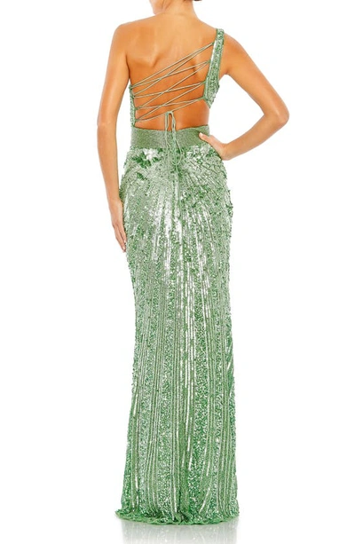 Shop Mac Duggal Sequin Beaded Lace-up Gown In Sage
