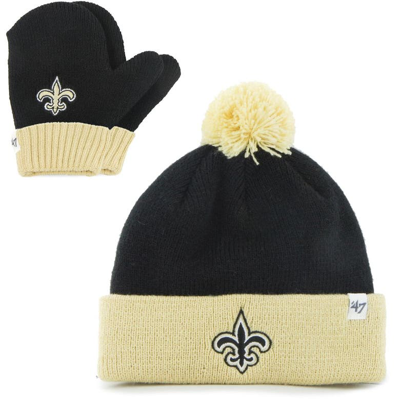 Shop 47 Toddler ' Black/gold New Orleans Saints Bam Bam Cuffed Knit Hat With Pom And Mittens Set