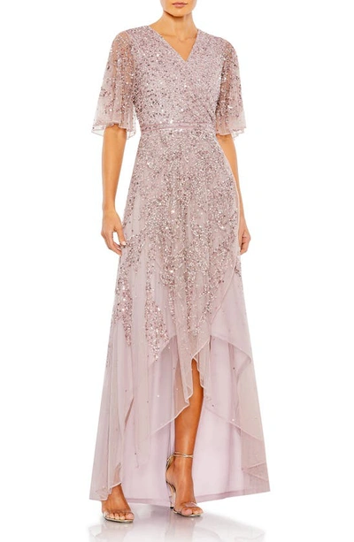 Shop Mac Duggal Sequin High-low Chiffon Gown In Vintage Lilac