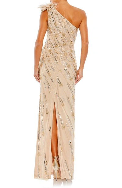 Shop Mac Duggal Rosette Sequin Crystal One-shoulder Gown In Nude Gold