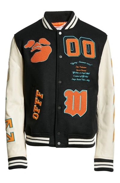 Shop Off-white Wool Blend & Leather Varsity Jacket In Black Orange